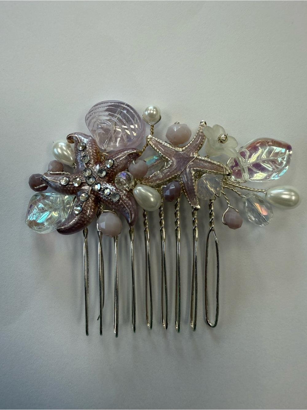 Iridescent Pink Starfish Hair Comb with Pearls
